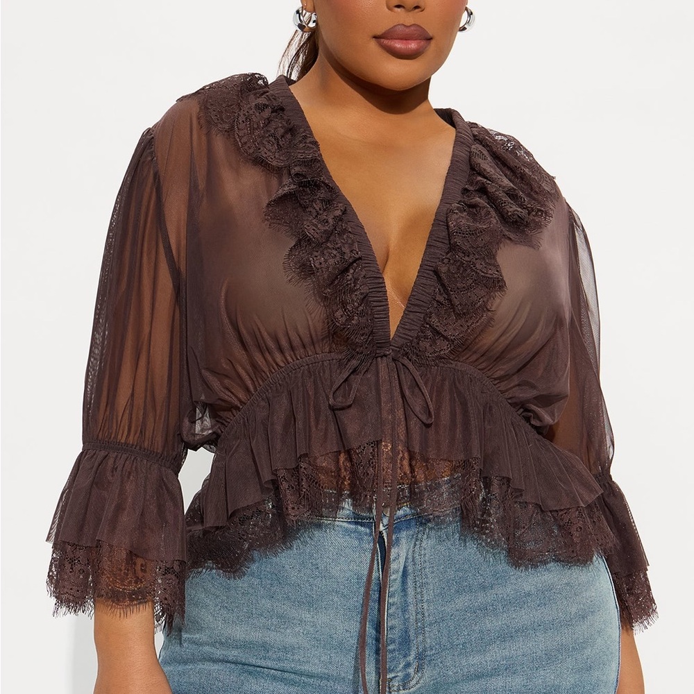 Elegant Sheer Boho Brown Ruffle Top